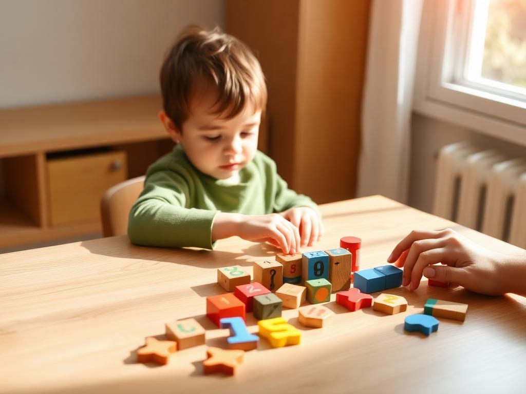 A young child counting colourful wooden number blocks beside a parent at a sunny table