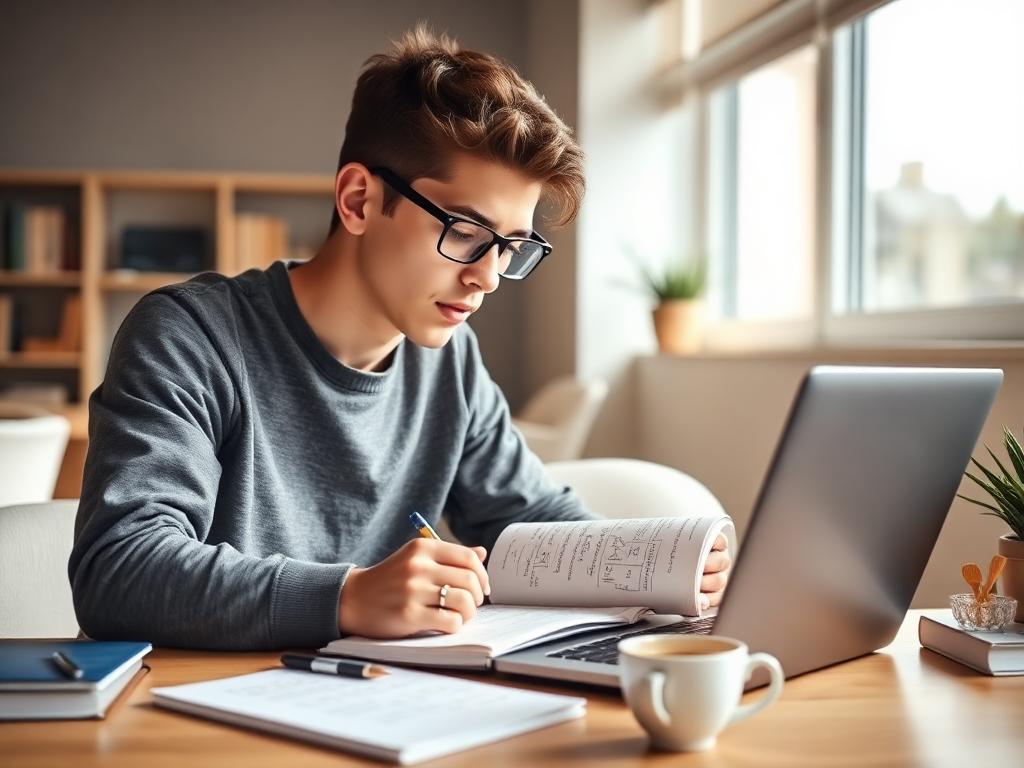 A young adult studying mathematics with a laptop and a notebook of equations