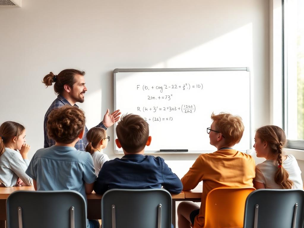 A teacher explaining an equation at a whiteboard to a small group of students